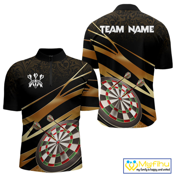 Black And Gold Dart Shirts For Men Custom 3D Dartboard Jersey, Darts Team Polo & Quarter Zip TDM4094