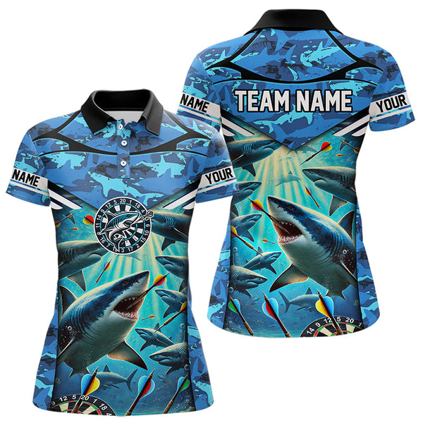 Blue 3D Shark Custom Ocean Camo Darts Shirts For Women Custom Polo & Quarter Zip Shark Dart Jerseys TDM3515
