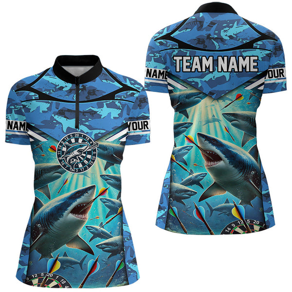 Blue 3D Shark Custom Ocean Camo Darts Shirts For Women Custom Polo & Quarter Zip Shark Dart Jerseys TDM3515