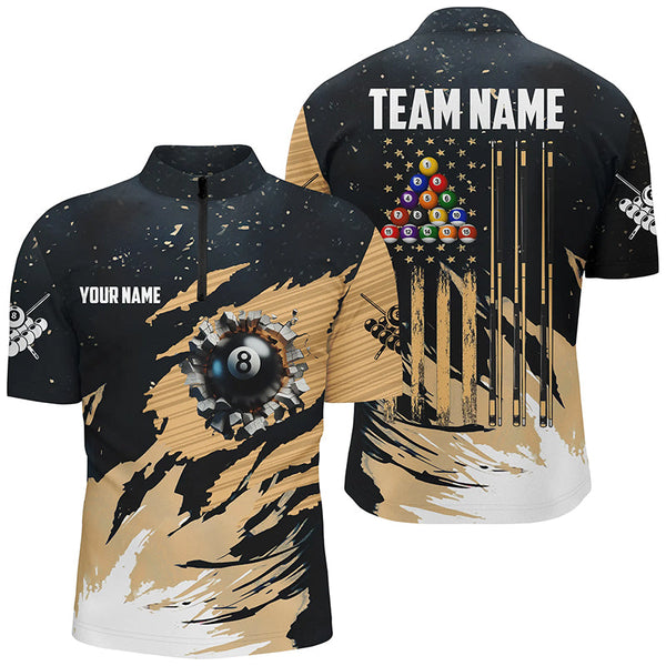 Customized Grunge American Flag 8 Ball Pool Men Billiard Shirts, Patriotic Pool Player Shirts TDM1721