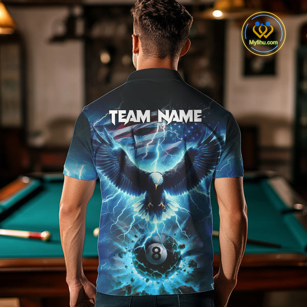 Blue American Flag Eagle Billiard Shirt For Men Custom 8 Ball Thunder Lightning Pool Team Jersey TDM4104