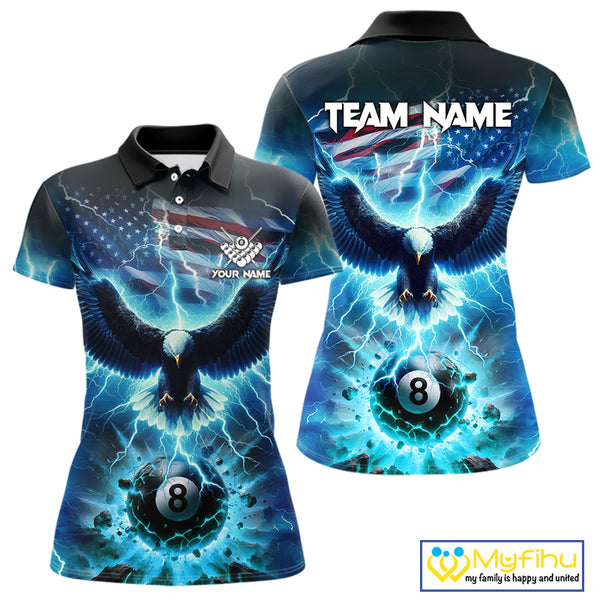 Blue American Flag Eagle Billiard Shirt For Women Custom 8 Ball Thunder Lightning Pool Team Jersey TDM4104