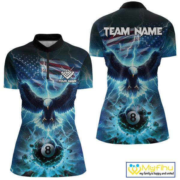Blue American Flag Eagle Billiard Shirt For Women Custom 8 Ball Thunder Lightning Pool Team Jersey TDM4104