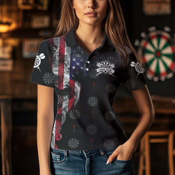 Smoke American Flag Darts Polo, Quarter-Zip Shirt Custom Patriotic Dart Shirts For Women Dart Jerseys TDM2634