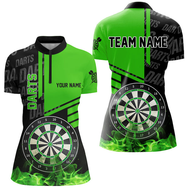 Black And Green Fire Darts Shirts For Women Custom Darts League Team Jerseys Darts Polo & 1/4 Zip TDM2880