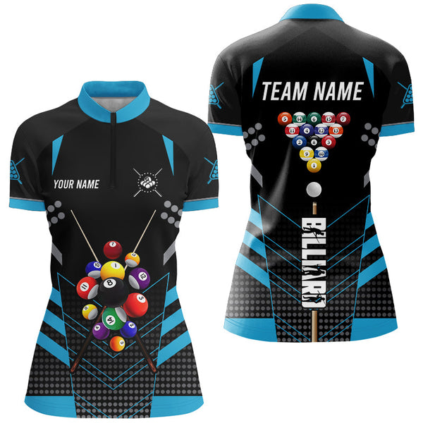 Black And Blue Billiard Jerseys Halftone Pattern Custom Women Billiard Shirts, Billiard Team Uniform TDM2892