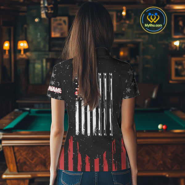 Black Grunge American Flag Billiard Shirt For Women Custom Patriotic Billiard Pool Jersey TDM3824