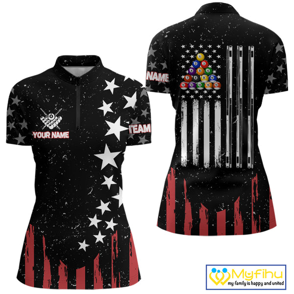 Black Grunge American Flag Billiard Shirt For Women Custom Patriotic Billiard Pool Jersey TDM3824