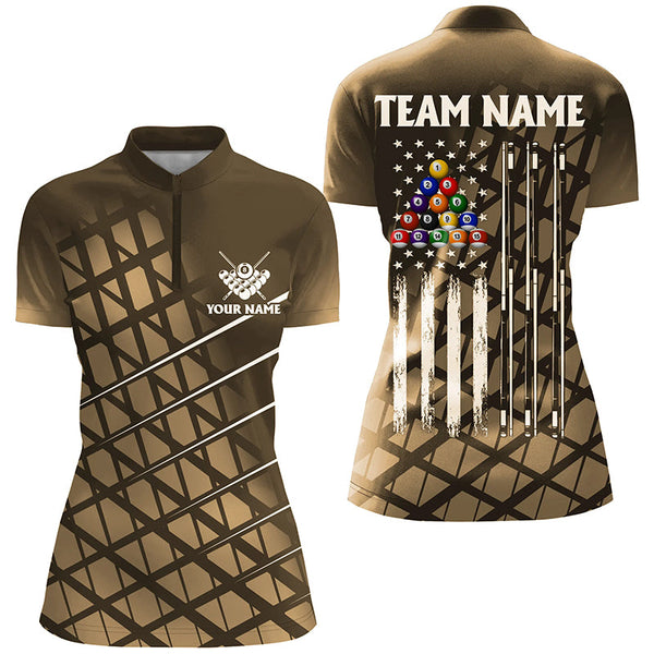 Personalized Gold Grunge American Flag Women Billiard Shirt Custom Patriotic Pool Player Jersey Shirt TDM1947
