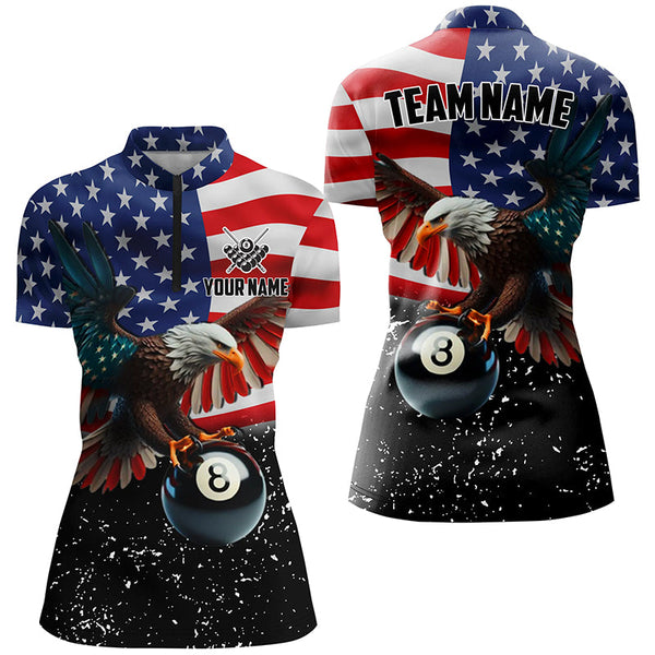 8 Ball Eagle American Flag Custom Billiard Shirts For Women, Patriotic 3D Eagle Black Billiard Jersey TDM2412