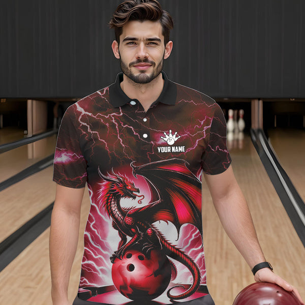 Red Thunder Lightning Custom Dragon Bowling Shirts For Men, Bowling Team Jerseys Polo & 1/4 Zip TDM3679