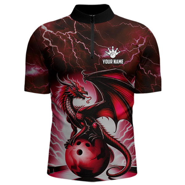 Red Thunder Lightning Custom Dragon Bowling Shirts For Men, Bowling Team Jerseys Polo & 1/4 Zip TDM3679