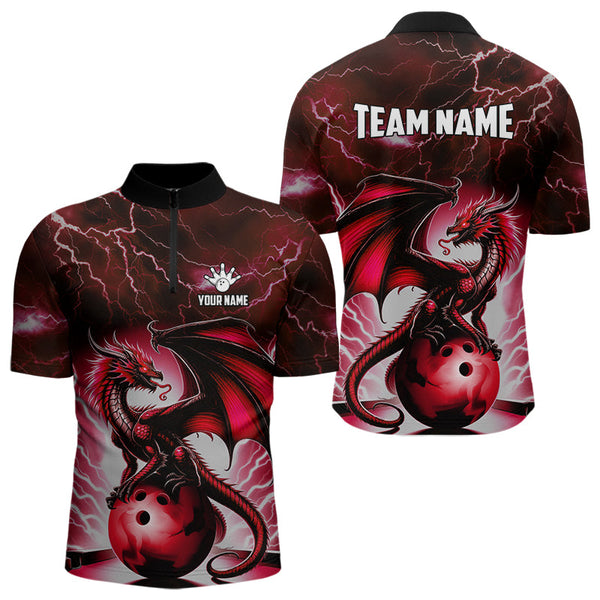 Red Thunder Lightning Custom Dragon Bowling Shirts For Men, Bowling Team Jerseys Polo & 1/4 Zip TDM3679