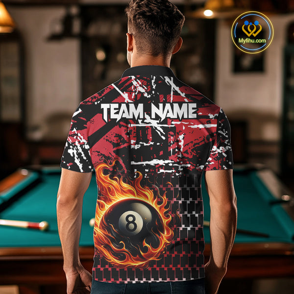 Grunge Black And Red Flaming 8 Ball Pool Men's Billiard Shirts Custom Billiard Jerseys Team Shirts TDM3833