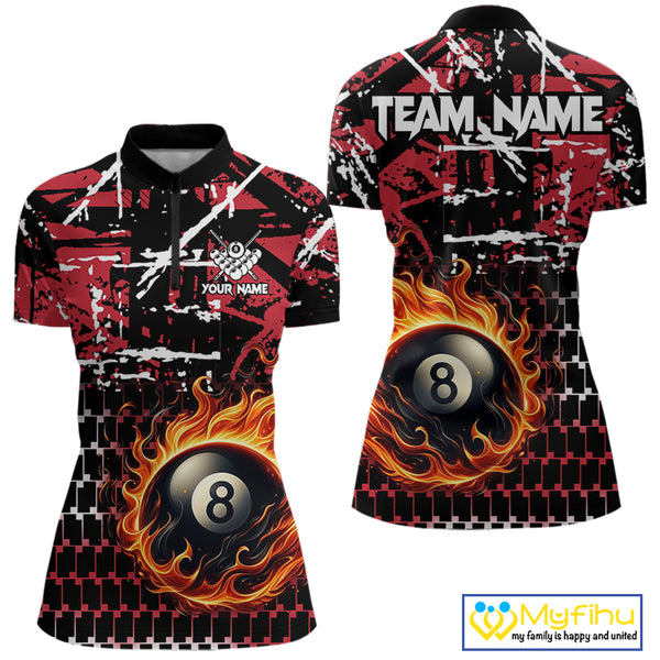 Grunge Black And Red Flaming 8 Ball Pool Women's Billiard Shirts Custom Billiard Jerseys Team Shirts TDM3833