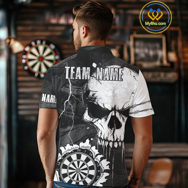 Custom Black And White Grunge Skull Dart Shirts For Men | Team Darts Jerseys - Polo & Quarter Zip TDM3955