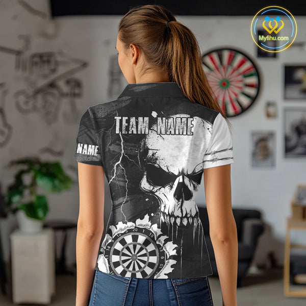 Custom Black And White Grunge Skull Dart Shirts For Women | Team Darts Jerseys - Polo & Quarter Zip TDM3955