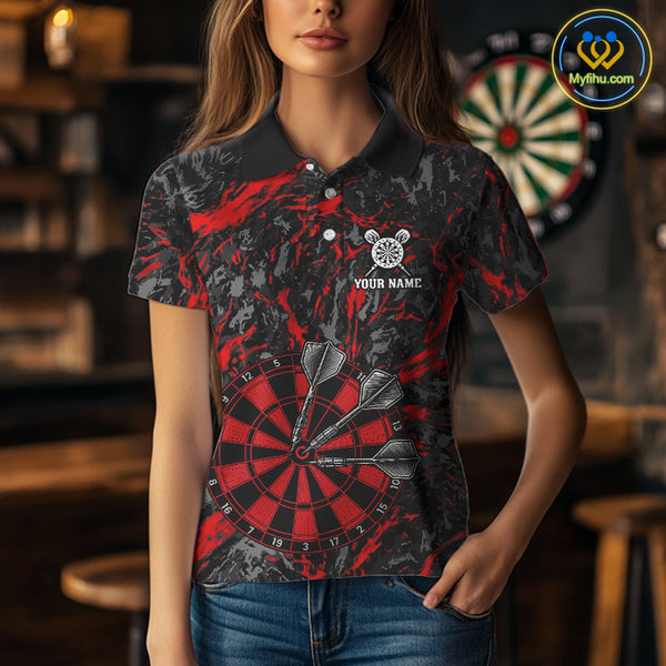 Custom Black And Red Grunge Camo Dart Shirts For Women, Camouflage Dart Team Jersey Polo & 1/4 Zip TDM3959