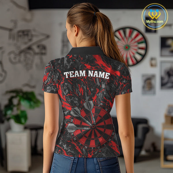 Custom Black And Red Grunge Camo Dart Shirts For Women, Camouflage Dart Team Jersey Polo & 1/4 Zip TDM3959