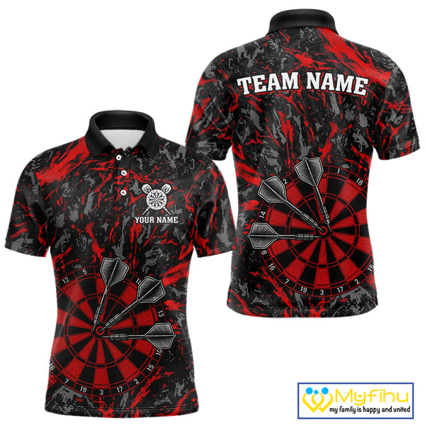 Custom Black And Red Grunge Camo Dart Shirts For Men, Camouflage Dart Team Jersey Polo & 1/4 Zip TDM3959