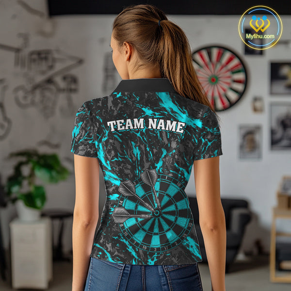 Custom Black And Blue Grunge Camo Dart Shirts For Women, Camouflage Dart Team Jersey Polo & 1/4 Zip TDM3960