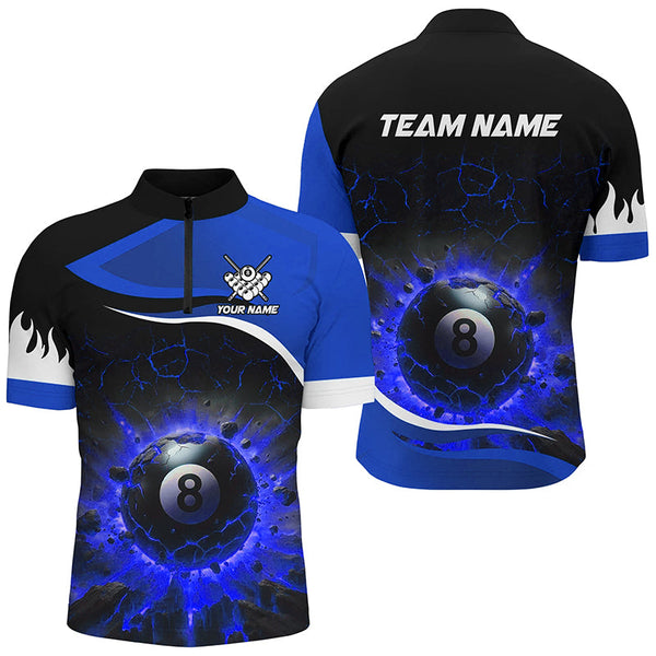Personalized Blue 8 Ball Pool Crack Flame Men Billiard Jerseys, Team League Billiard Team Shirts TDM2439