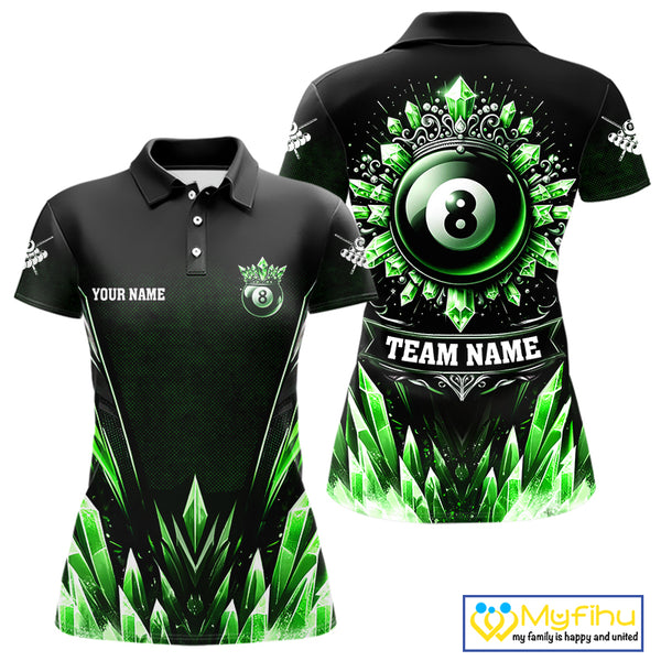 Personalized Green Icy 8 Ball Pool Crown Billiard Shirt For Women, Billiard Jersey Polo & 1/4 Zip TDM4305
