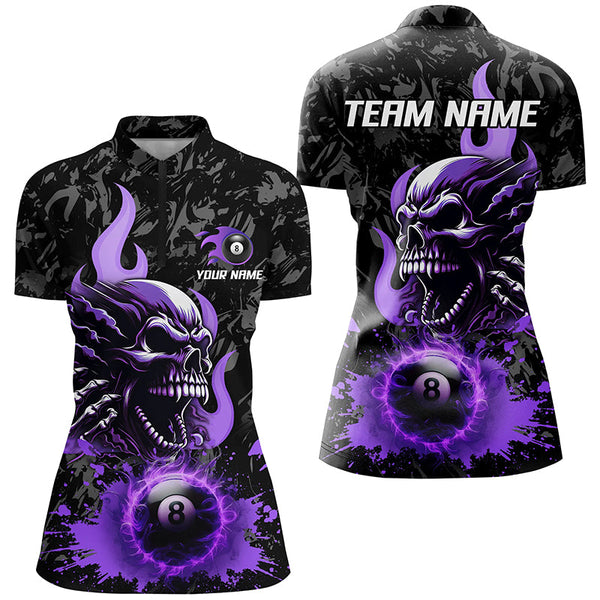 3D Purple 8 Ball Fire Flame Custom Skull Billiard Shirts For Women Team League Billiard Jerseys TDM2449