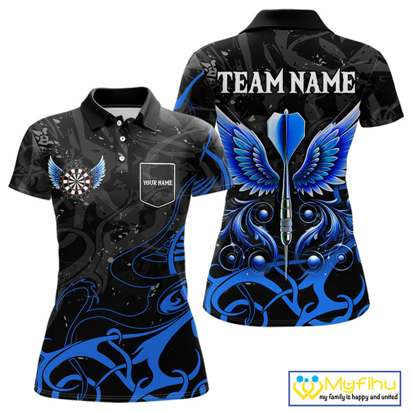 Black And Blue Custom Wings Darts Shirt For Women, Darts Jersey Pocket Option TDM3840