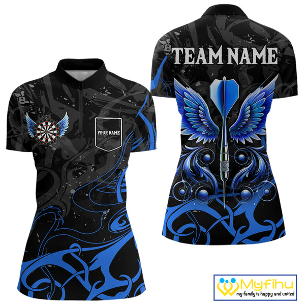 Black And Blue Custom Wings Darts Shirt For Women, Darts Jersey Pocket Option TDM3840