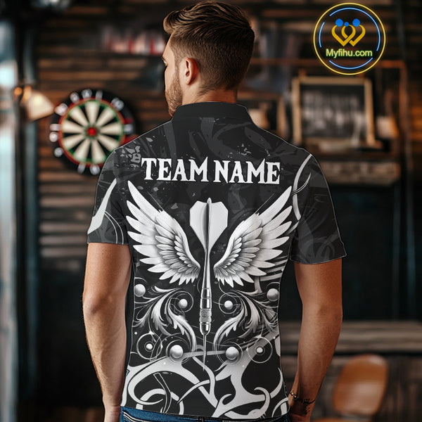 Grey And Black Custom Wings Darts Shirt For Men, Darts Jersey Pocket Option TDM3841