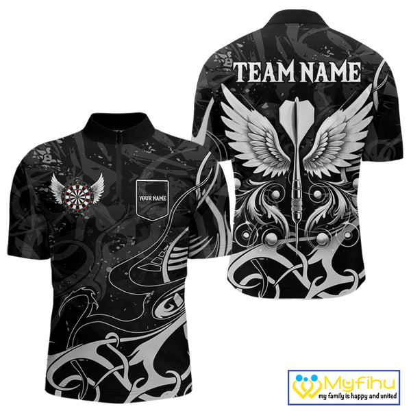 Grey And Black Custom Wings Darts Shirt For Men, Darts Jersey Pocket Option TDM3841