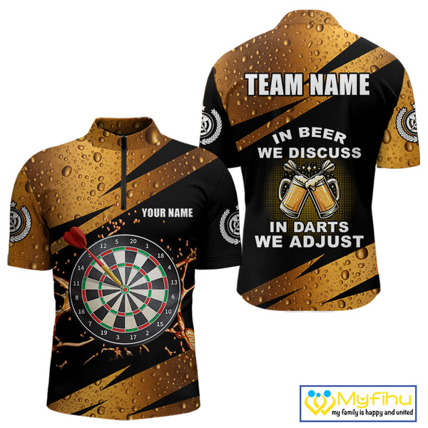 In Beer We Discuss Funny Dart Shirts For Men Custom Beer Dart Jersey Team Polo & Quarter Zip TDM3845