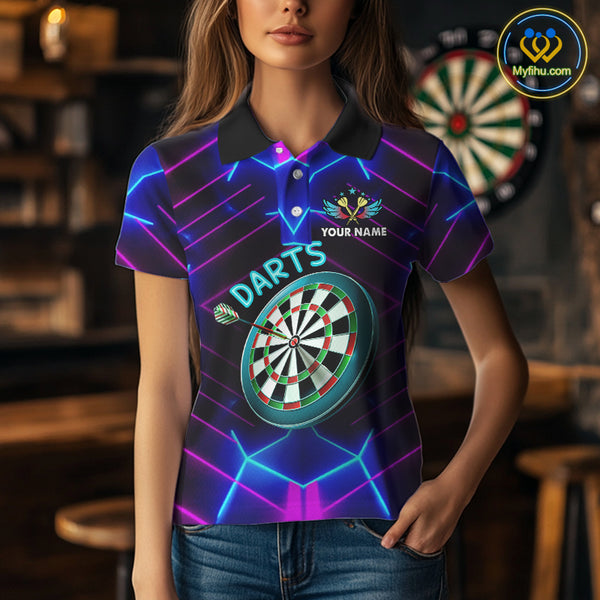 Neon Purple Blue Dart Shirts For Women Custom Glowing Dart Jersey Team Outfit Polo & Quarter Zip TDM3846