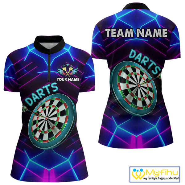 Neon Purple Blue Dart Shirts For Women Custom Glowing Dart Jersey Team Outfit Polo & Quarter Zip TDM3846