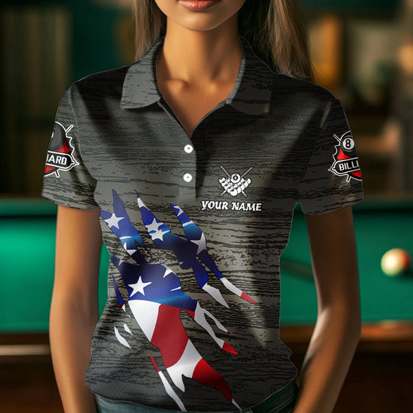 Personalized Grey Grunge American Flag Billiard Shirts For Women Custom Patriotic Billiard Jerseys TDM3379