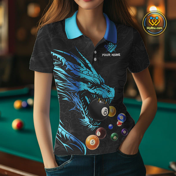 Personalized Black And Blue Dragon Billiard Balls Pool Shirts For Women, Billiard League Team Jersey TDM3852