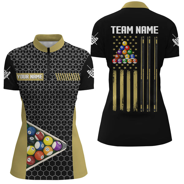 Personalized Retro American Flag Billiard Pool Shirts For Women Custom Yellow Black Billiard Jerseys TDM2172