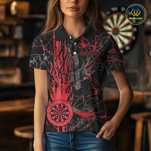 Red Grunge Dart Jerseys For Women, Fire Flame Dart Board Custom Name Dragon Darts League Shirts TDM3857