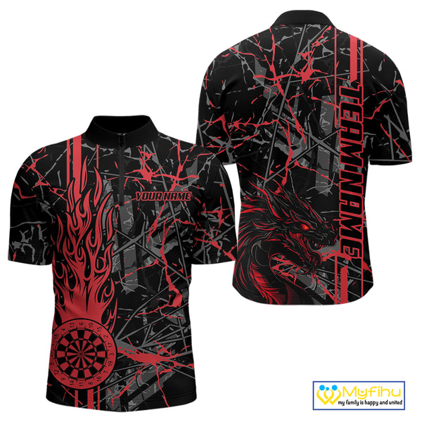 Red Grunge Dart Jerseys For Men, Fire Flame Dart Board Custom Name Dragon Darts League Shirts TDM3857