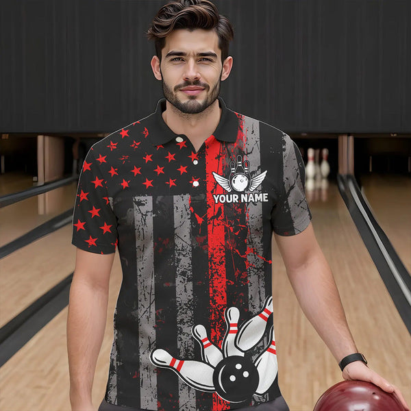 Red And Black Grunge American Flag Patriotic Bowling Shirts For Men Custom Bowling Team Jerseys TDM3696