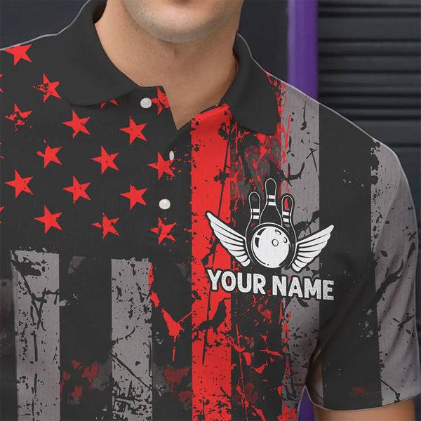 Red And Black Grunge American Flag Patriotic Bowling Shirts For Men Custom Bowling Team Jerseys TDM3696