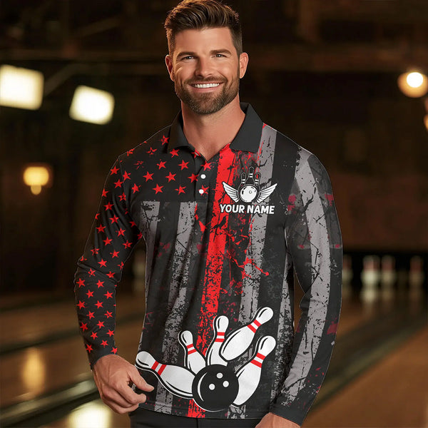 Red And Black Grunge American Flag Patriotic Bowling Shirts For Men Custom Bowling Team Jerseys TDM3696