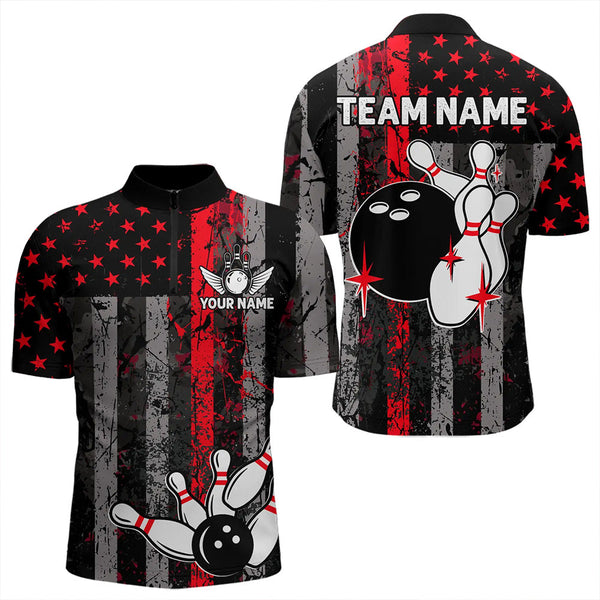 Red And Black Grunge American Flag Patriotic Bowling Shirts For Men Custom Bowling Team Jerseys TDM3696