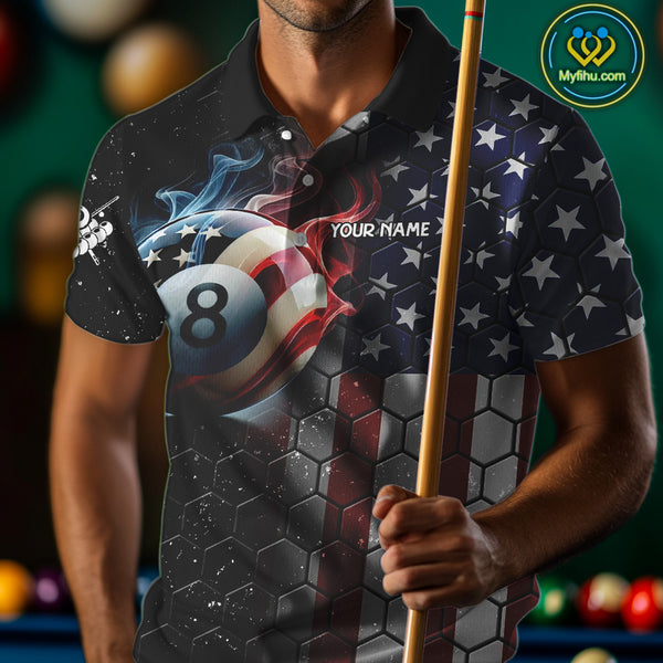 Custom Billiard Jersey For Men, 8 Ball Pool Shirt With American Flag, Billiard Polo & 1/4 Zip Shirt TDM3867