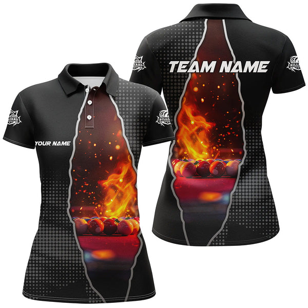 Custom Black Billiard Balls Fire 3D Printed Women Polo & Quarter-Zip Shirt, Billiard Apparel Clothing TDM1775