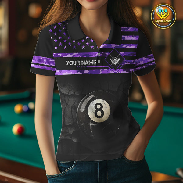 Customized Retro 8 Ball Pool Purple Camo US Flag Billiard Shirt For Women, Patriotic Billiard Jersey TDM4331