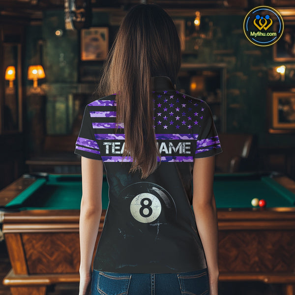Customized Retro 8 Ball Pool Purple Camo US Flag Billiard Shirt For Women, Patriotic Billiard Jersey TDM4331