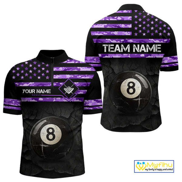 Customized Retro 8 Ball Pool Purple Camo US Flag Billiard Shirt For Men, Patriotic Billiard Jersey TDM4331
