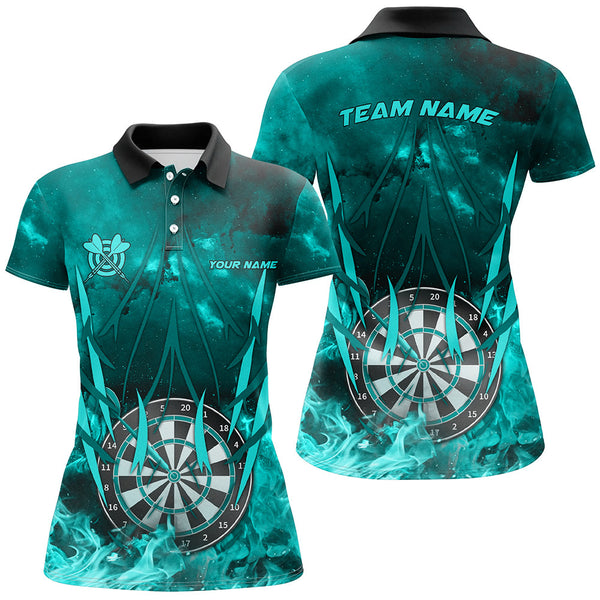 Personalized Turquoise 3D Darts Board On Fire Women Darts Shirts Custom Flame Darts Shirts For Player TDM1789